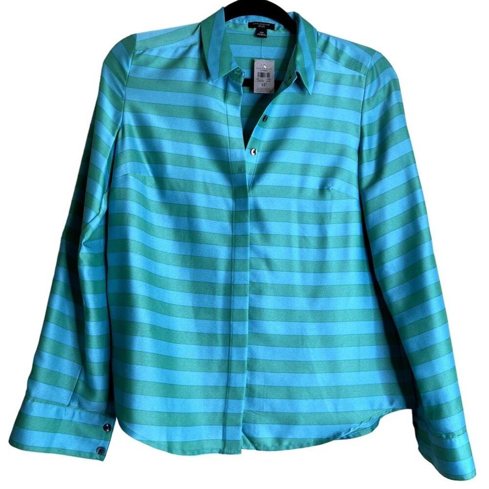 Ann Taylor Womens Teal Striped Button Front Shirt Blouse Size 4P Classiccore